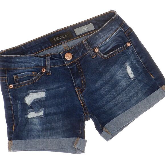 Aeropostale Shorts Juniors Size 00 W24 Blue Midi Distressed Denim Cuffed Stretch - Picture 2 of 7